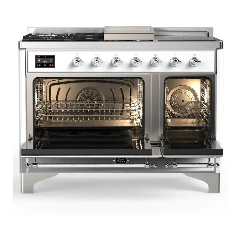 ILVE UM48FSNR3RACLP Majestic III 48 inch Dual Fuel Range with 5 Black Brass Burners, Griddle and French Top, Dual Function Burner up to 25,000 BTU (Liquid Propane, Triple Glass Door, RAL, Chrome)
