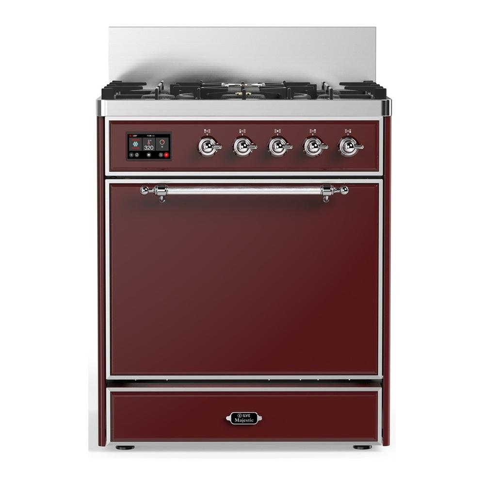 ILVE UM30QNR3BUC Majestic III 30 inch Dual Fuel Range with 5 Black Brass Burners, Dual Function Burner up to 25,000 BTU (Natural Gas, Solid Door, Burgundy, Chrome)