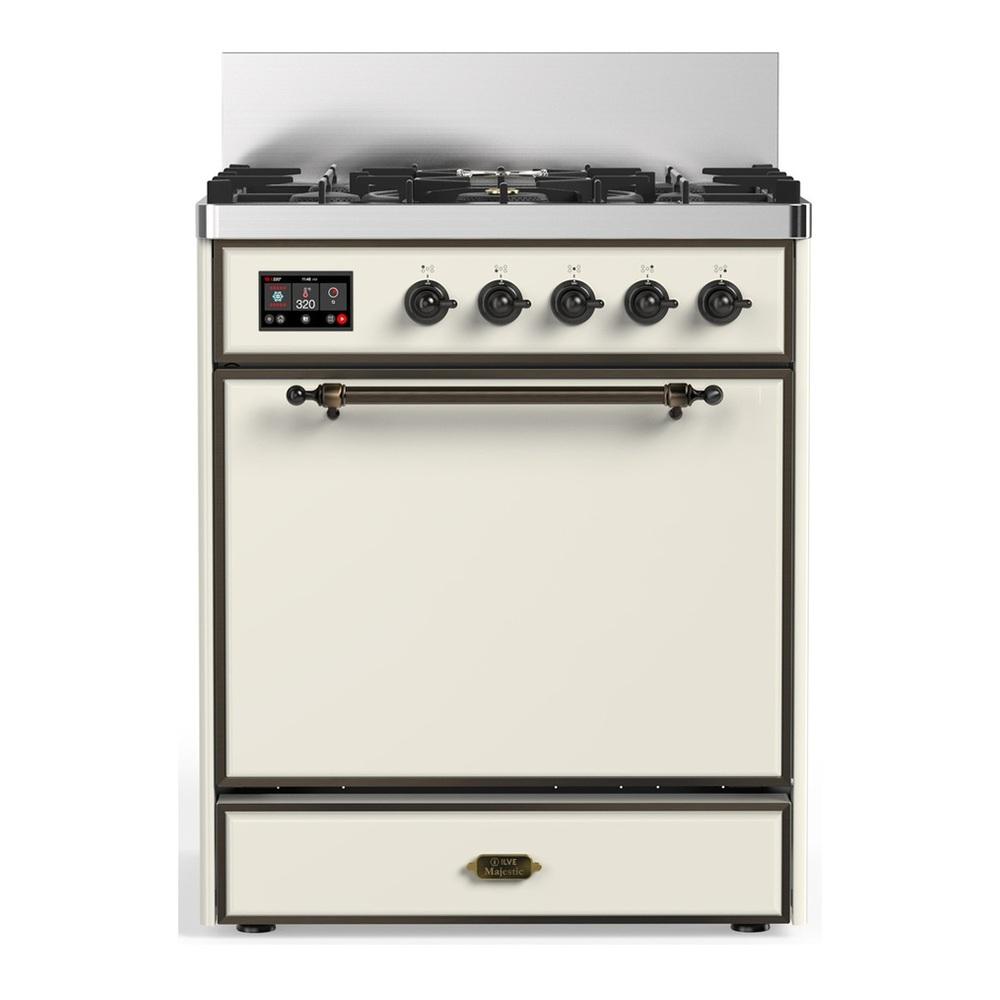ILVE UM30QNR3AWBLP Majestic III 30 inch Dual Fuel Range with 5 Black Brass Burners, Dual Function Burner up to 25,000 BTU (Liquid Propane, Solid Door, Antique White, Burnished)