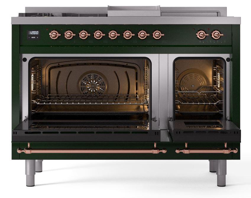 Nostalgie II 48 Inch Dual Fuel Natural Gas Freestanding Range in Emerald Green with Copper Trim