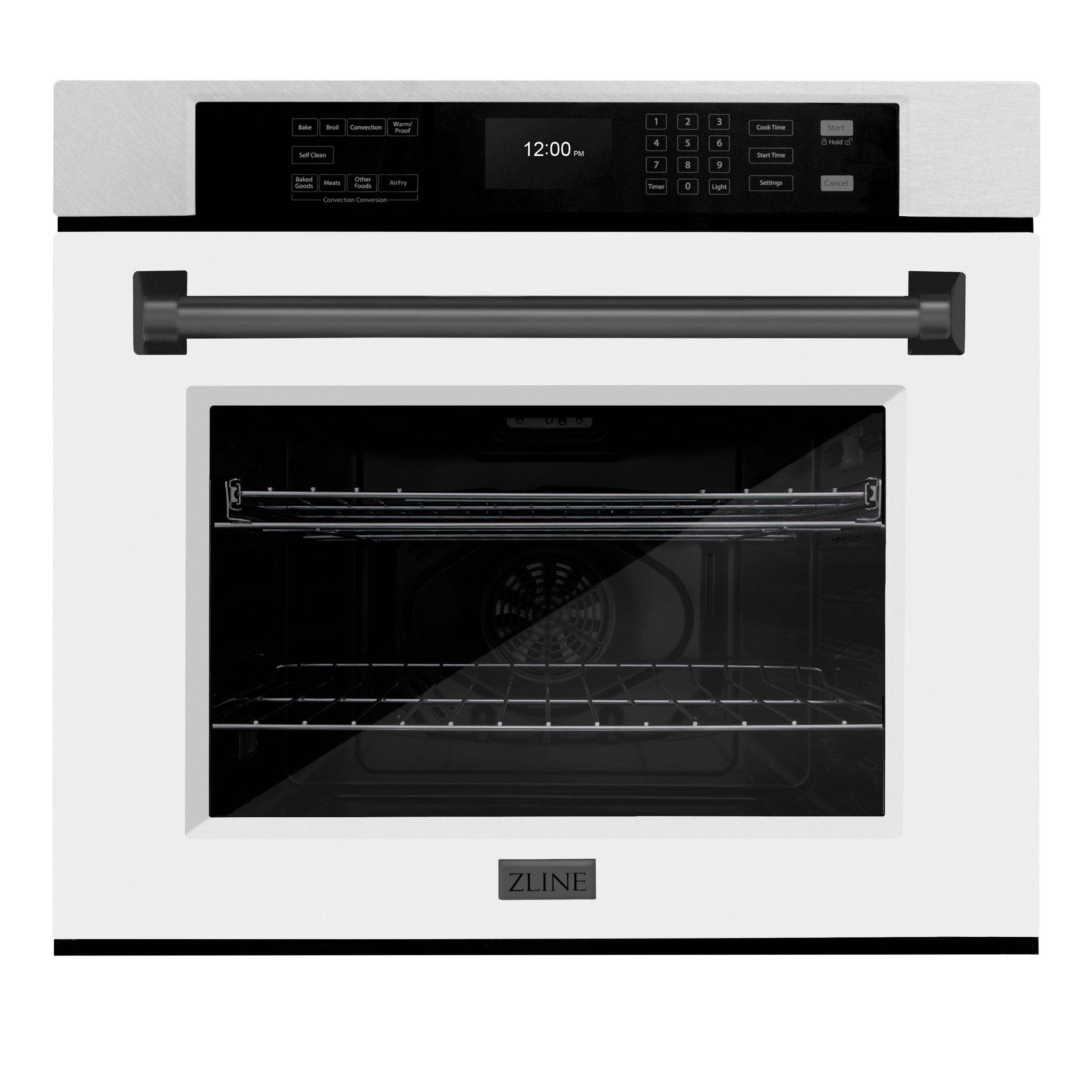 ZLINE 30 in. Autograph Edition Professional True Convection Single Wall Oven with Air Fry and Self Clean in DuraSnow' Stainless Steel with White Matte Door and Matte Black Handle (WASSZ-WM-30-MB)