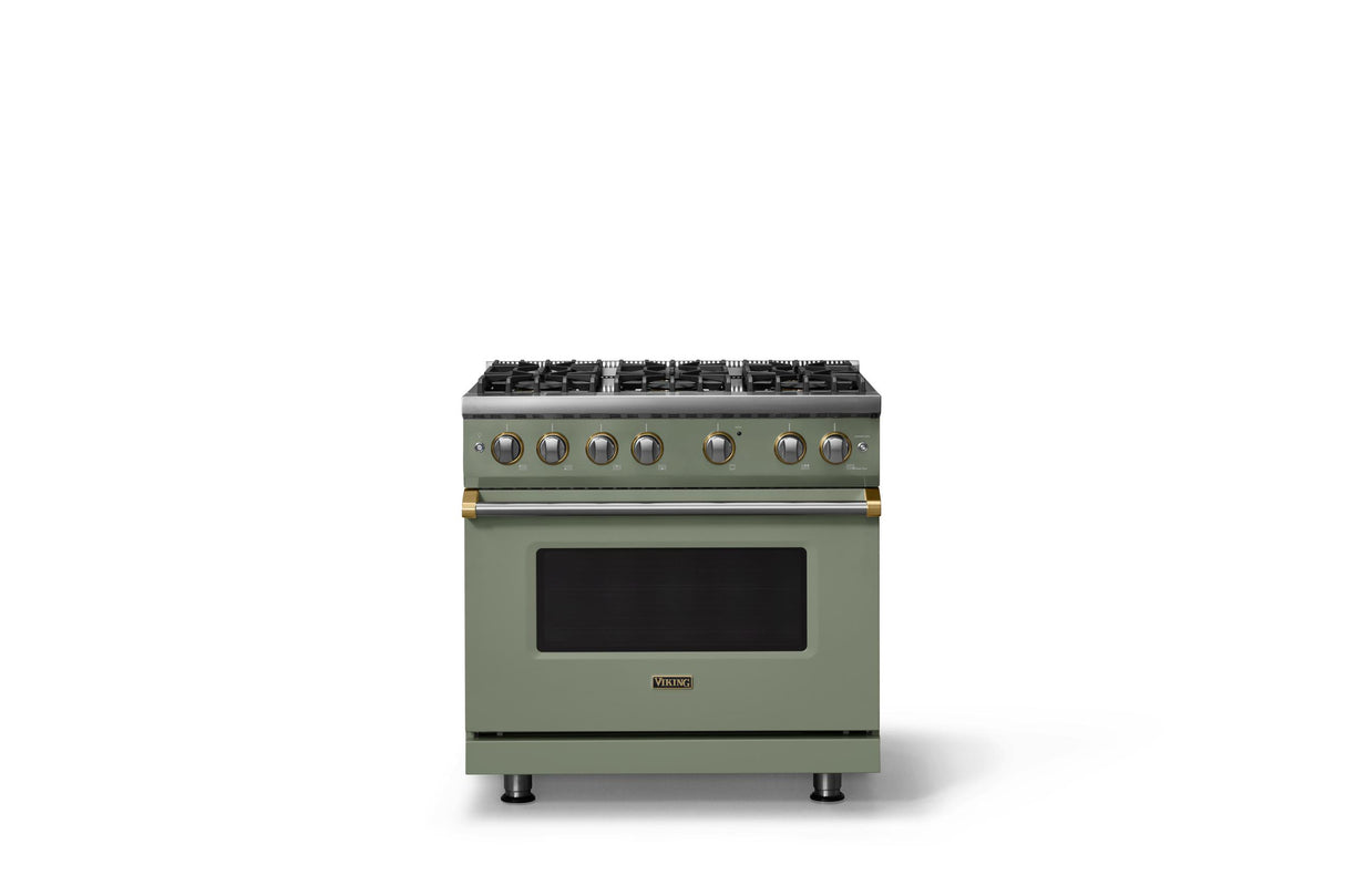 36"W. Sealed Burner Gas Range (Burner: 6b, Finish: Eucalyptus, Trim: Brushed Brass, Fuel: Natural Gas)
