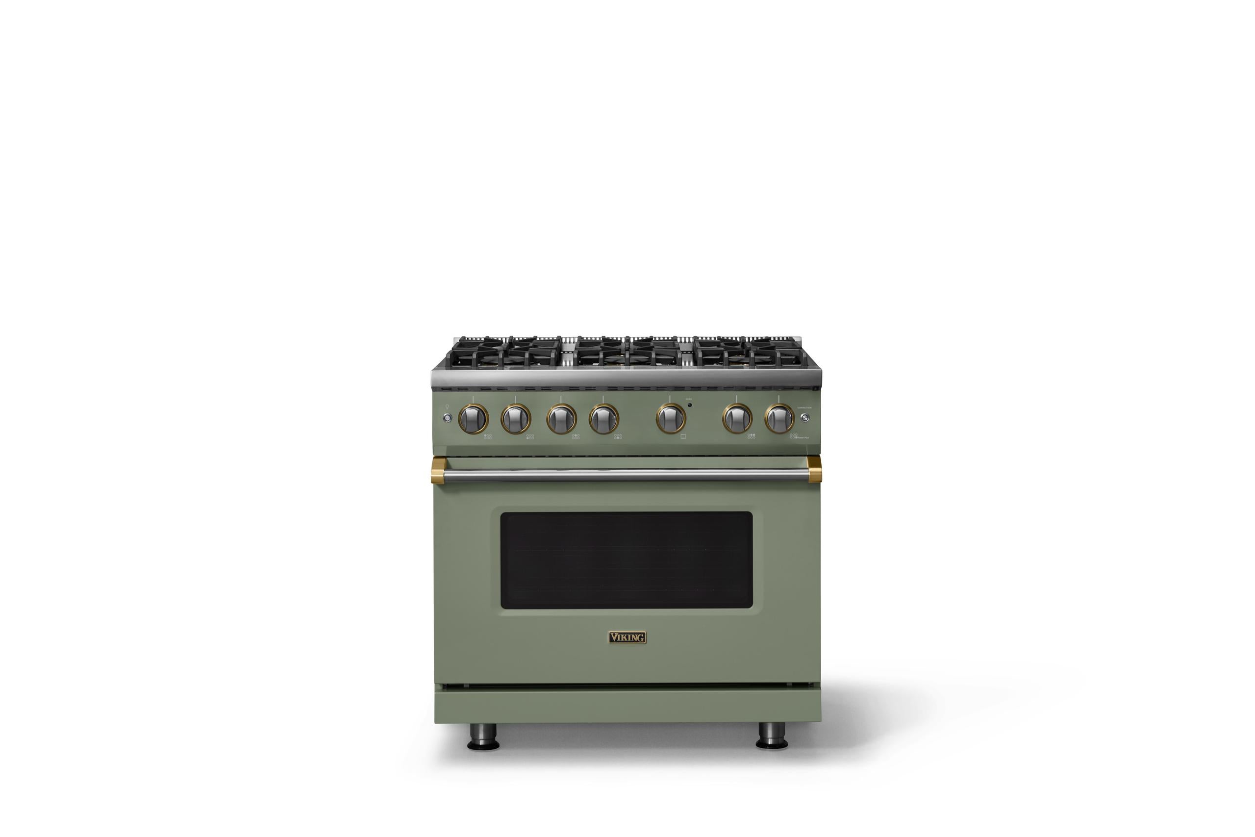 36"W. Sealed Burner Gas Range (Burner: 6b, Finish: Eucalyptus, Trim: Brushed Brass, Fuel: Propane)