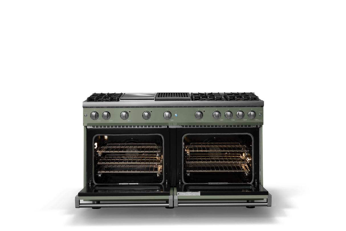 60"W. Sealed Burner Gas Range (Finish: Eucalyptus, Trim: Polished Chrome, Fuel: Natural Gas)
