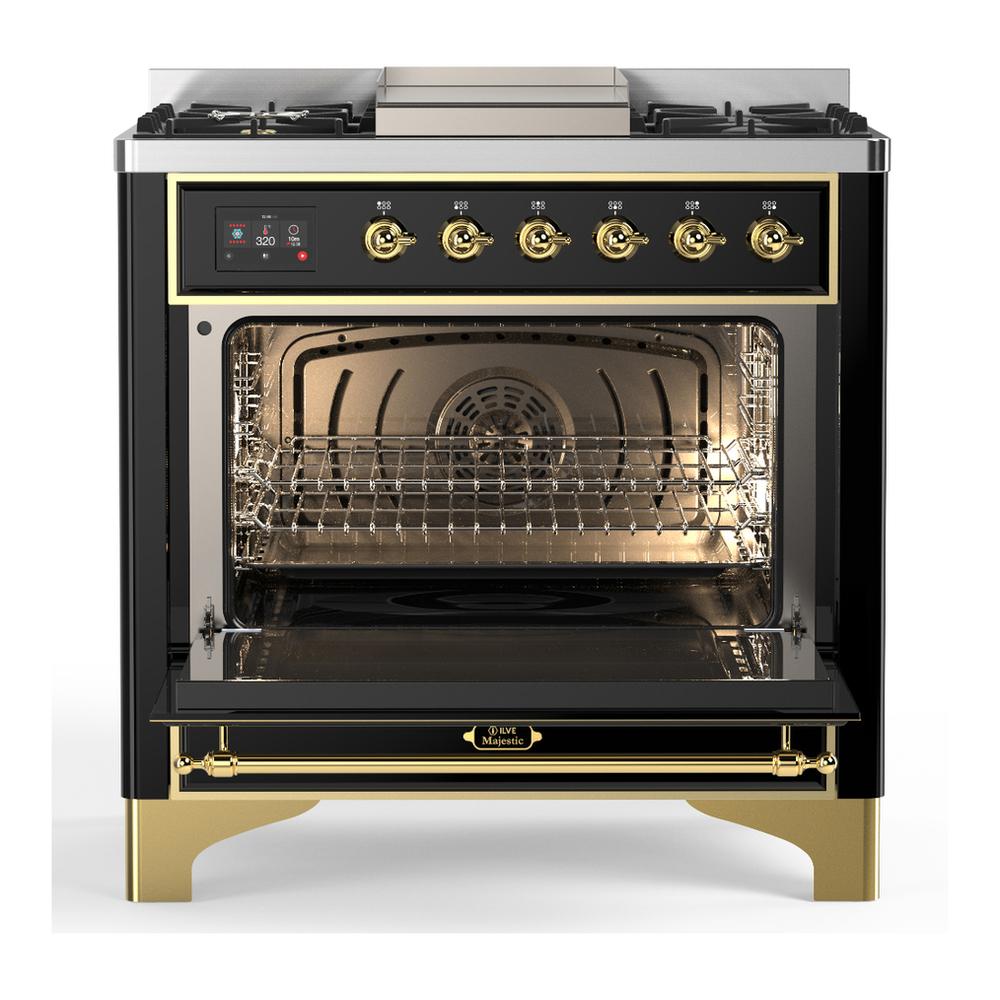 ILVE UM36FNR3BKGLP Majestic III 36 inch Dual Fuel Range with 6 Black Brass Burners and Griddle, Dual Function Burner up to 25,000 BTU (Triple Glass Door, Glossy Black, Brass, Liquid Propane)