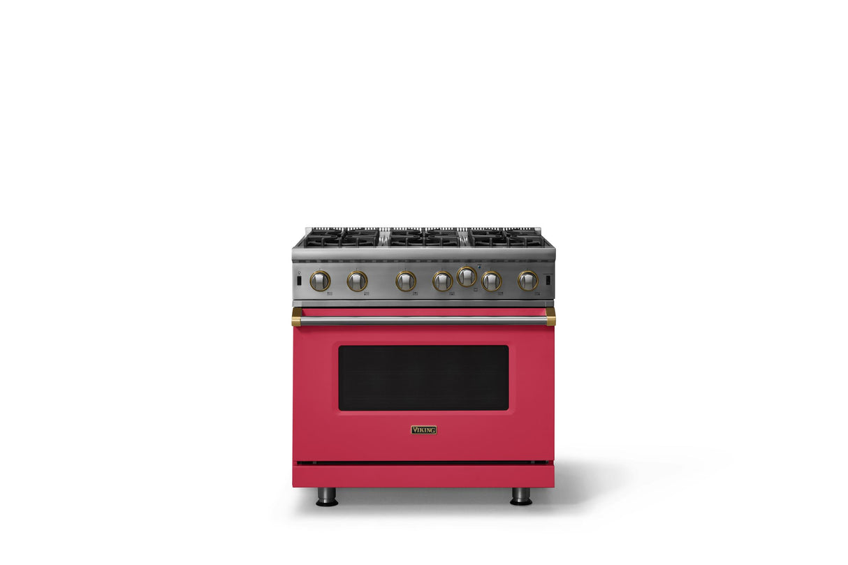 36"W. Open Burner Gas Range (Finish: Valentine, Trim: Brushed Brass, Fuel: Propane)