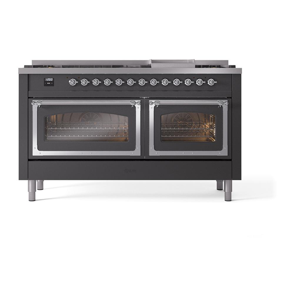 ILVE UN60FNMPMGC Nostalgie II Noblesse 60 inch Dual Fuel Range (9 Sealed Burners + Griddle, Natural Gas, Triple Glass Door, Graphite Matte, Chrome)