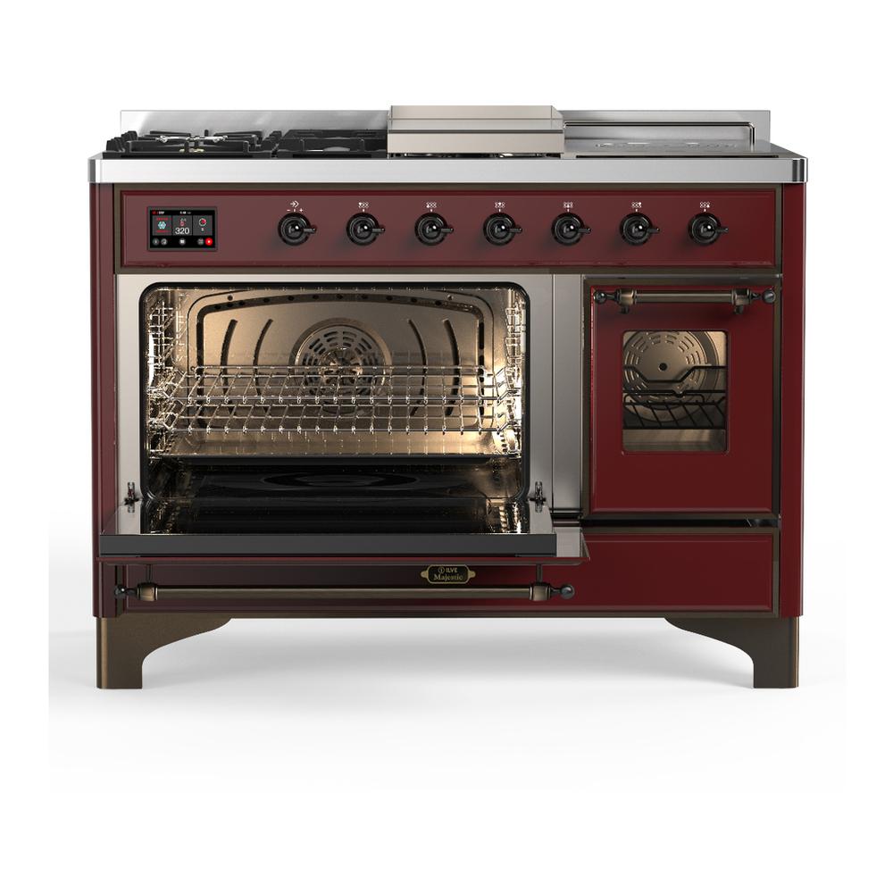 ILVE UM48FSNR3BUB Majestic III 48 inch Dual Fuel Range with 5 Black Brass Burners, Griddle and French Top, Dual Function Burner up to 25,000 BTU (Natural Gas, Triple Glass Door, Burgundy, Burnished)
