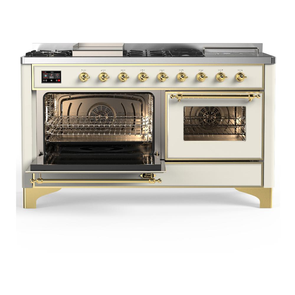 ILVE UM60FSNR3AWG Majestic III 60 inch Dual Fuel Range with 7 Burners, Griddle and French Top, Dual Function Burner with up to 25,000 BTU (Natural Gas, Triple Glass Door, Antique White, Brass)