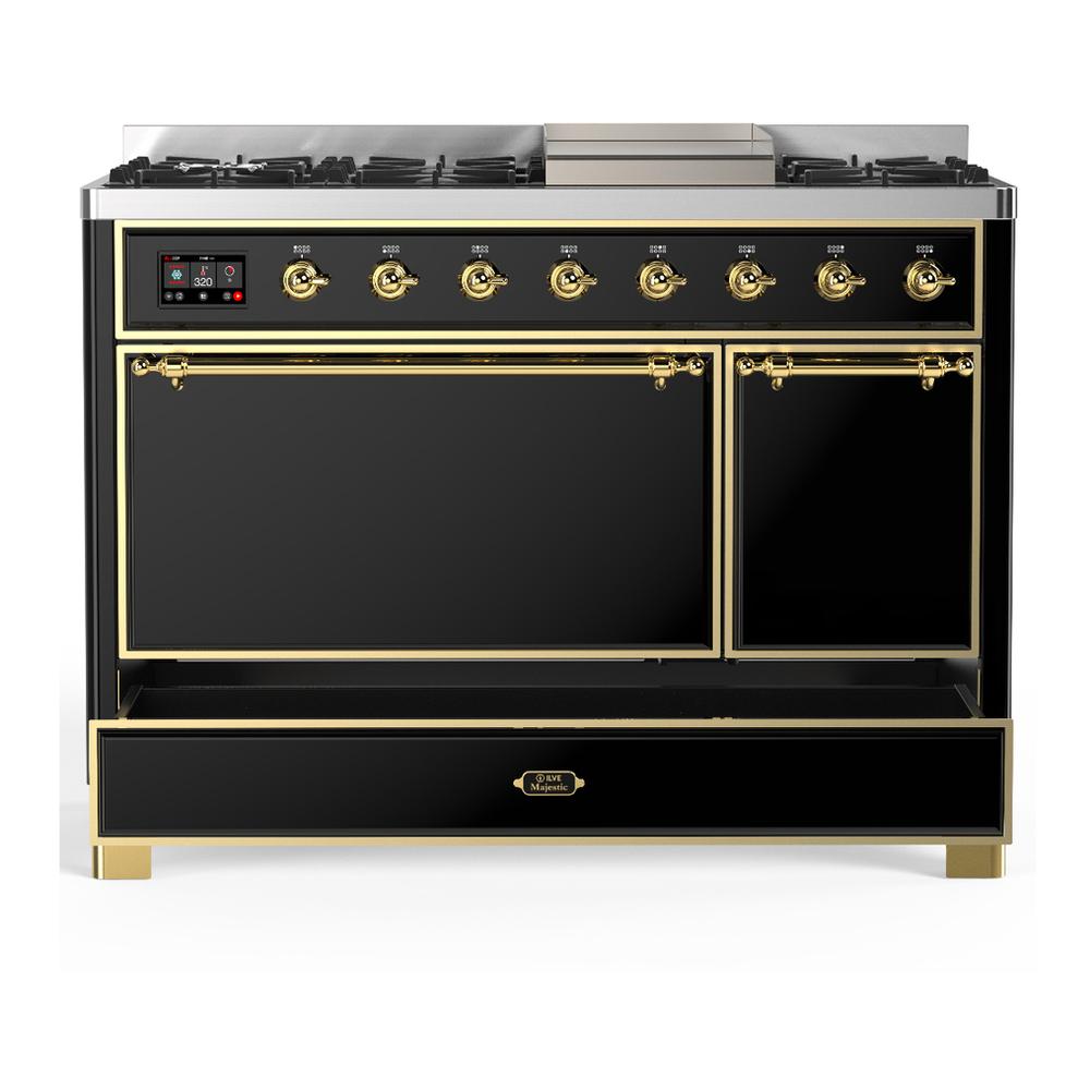 ILVE UM48FQNR3BKG Majestic III 48 inch Dual Fuel Range with 8 Burners and Griddle, Dual Function Burner up to 25,000 BTU (Natural Gas, Solid Door, Glossy Black, Brass)