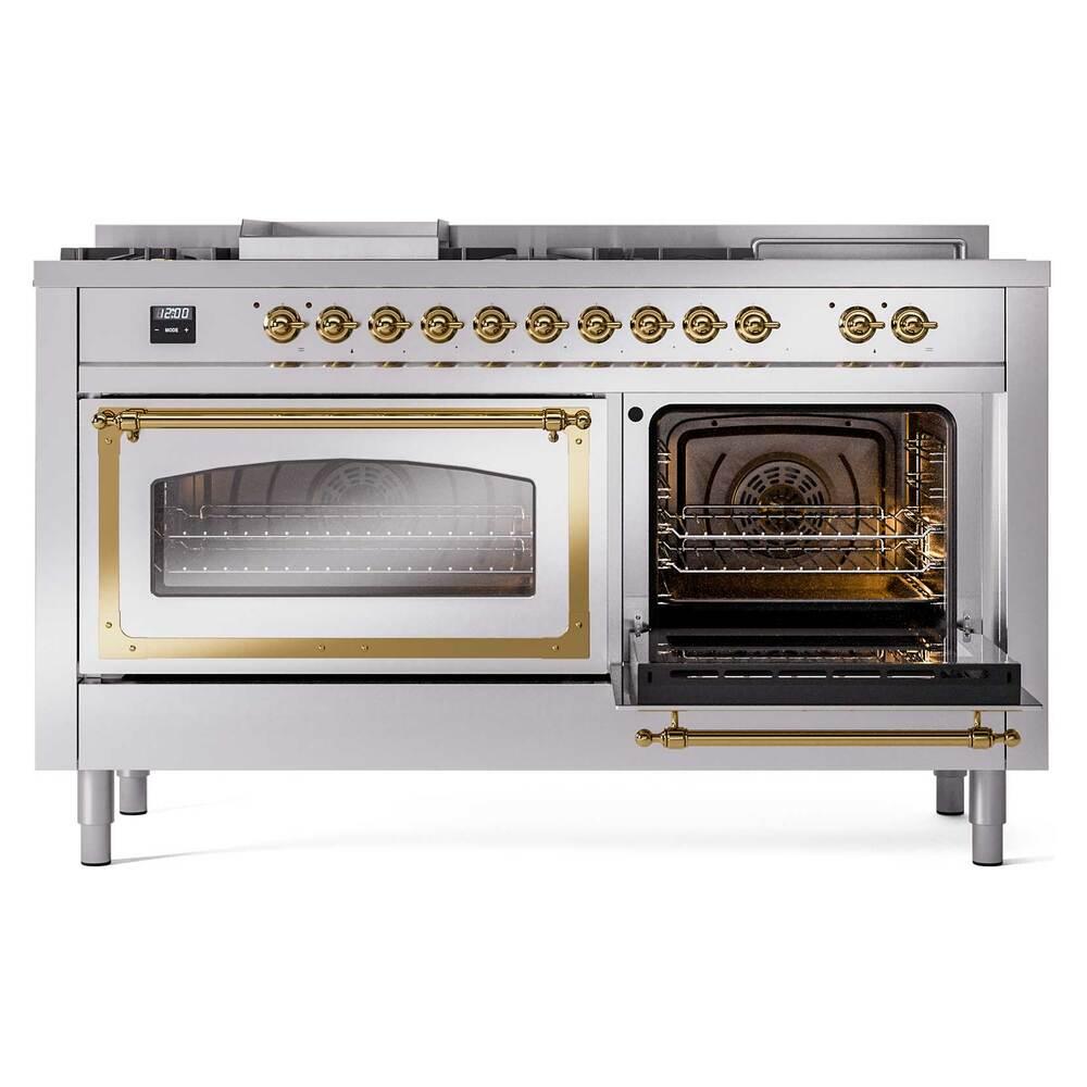 ILVE UN60FSNMPSSGLP Nostalgie II Noblesse 60 inch Dual Fuel Range (7 Sealed Burners + Griddle + French Top, Liquid Propane, Triple Glass Door, Stainless Steel, Brass)