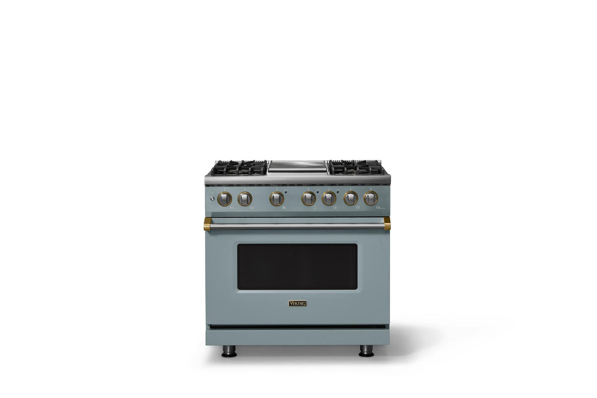 36"W. Dual Fuel Range (Burner: 4g, Finish: November Sky, Trim: Brushed Brass, Fuel: Natural Gas)