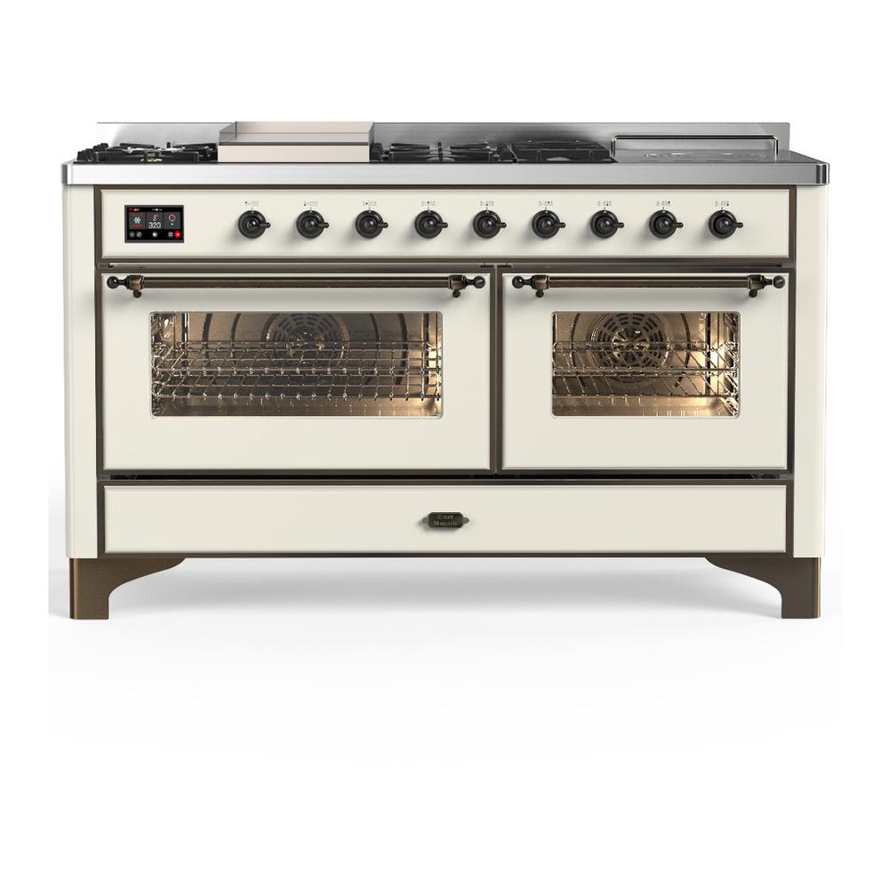 ILVE UM60FSNR3AWB Majestic III 60 inch Dual Fuel Range with 7 Burners, Griddle and French Top, Dual Function Burner with up to 25,000 BTU (Natural Gas, Triple Glass Door, Antique White, Burnished)