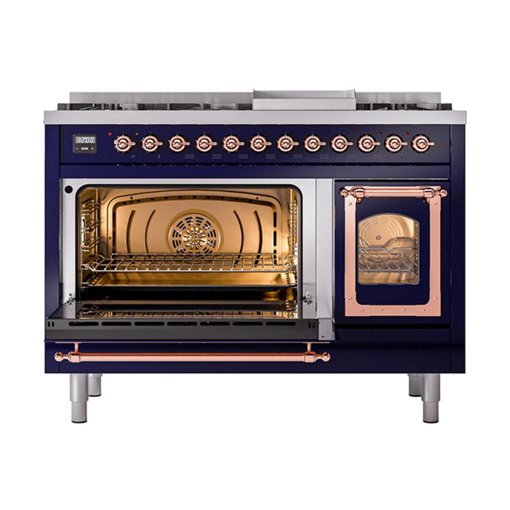 ILVE UN48FNMPMBP Nostalgie II Noblesse 48 inch Dual Fuel Range (8 Sealed Burners + Griddle, Natural Gas, Triple Glass Door, Midnight Blue, Copper)