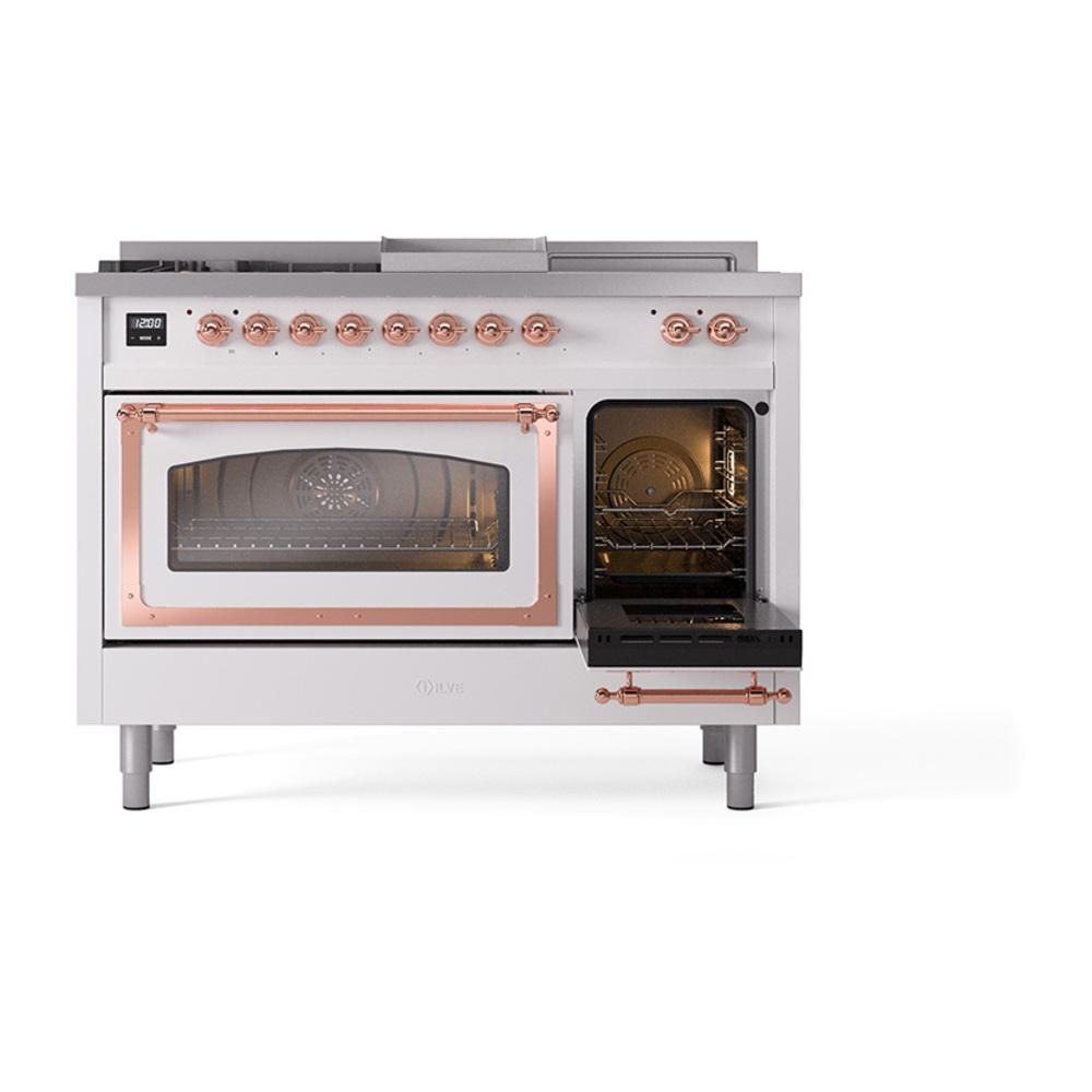 ILVE UN48FSNMPWHPLP Nostalgie II Noblesse 48 inch Dual Fuel Range (5 Sealed Burners + Griddle + French Top, Liquid Propane, Triple Glass Door, White, Copper)