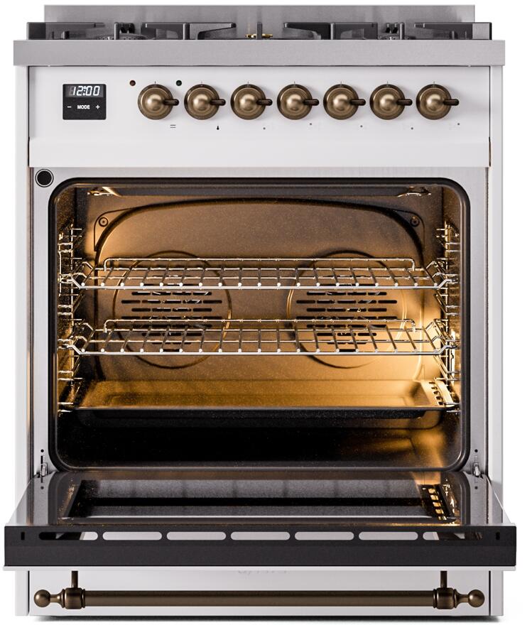 Nostalgie II 30 Inch Dual Fuel Natural Gas Freestanding Range in White with Bronze Trim