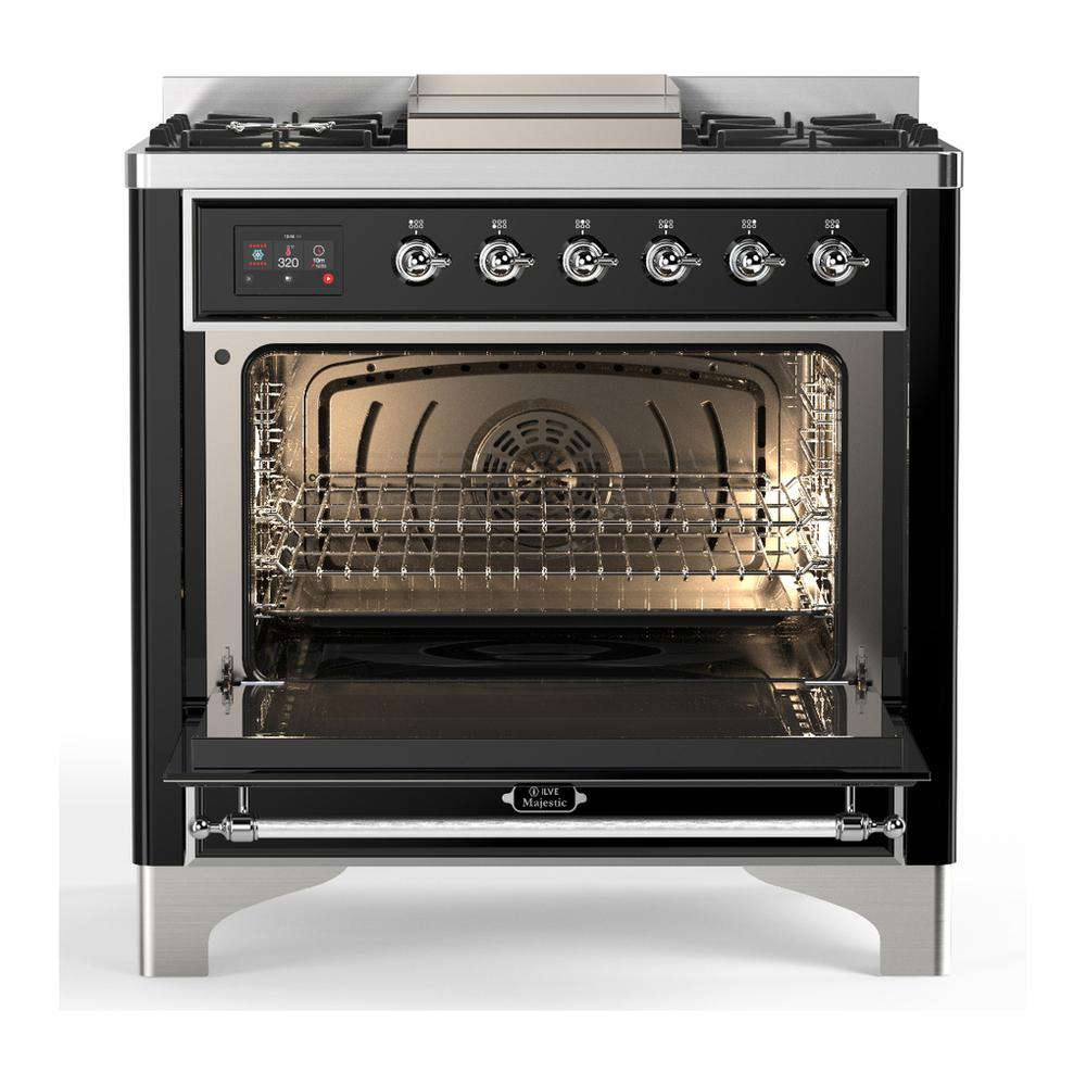 ILVE UM36FQNR3BKC Majestic III 36 inch Dual Fuel Range with 6 Black Brass Burners and Griddle, Dual Function Burner up to 25,000 BTU (Solid Door, Glossy Black, Chrome, Natural Gas)