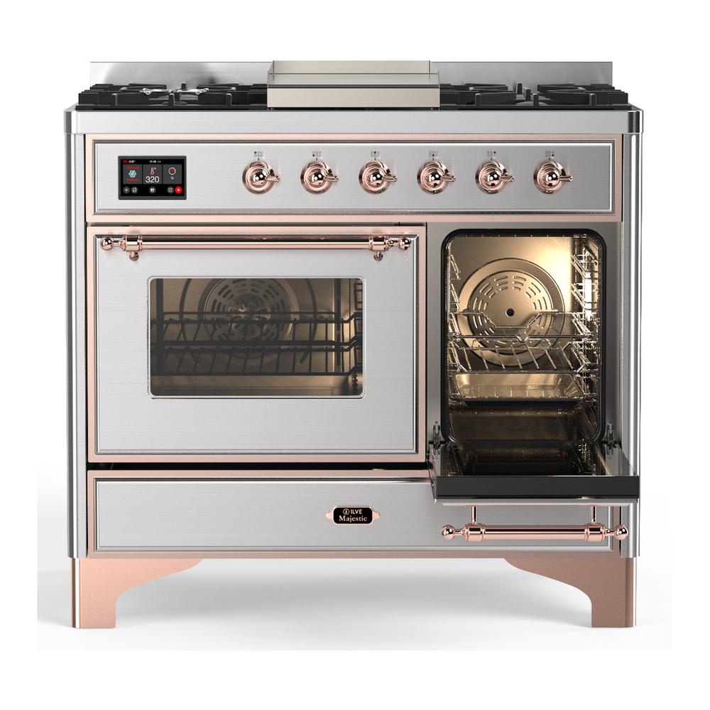 ILVE UMD40FNR3SSPLP Majestic III 40 inch Dual Fuel Range with 6 Burners and Griddle, Dual Function Burner up to 25,000 BTU (Liquid Propane, Triple Glass Door, Stainless Steel, Copper)
