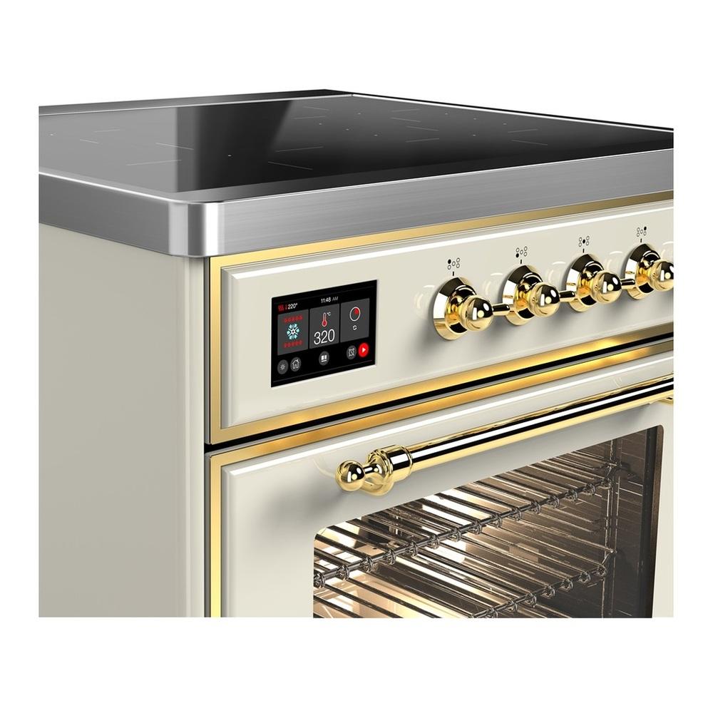 ILVE UMIB30NR3AWG Majestic III 30 inch Induction Range with 4 Elements, 4 cu. ft. Oven Capacity (Triple Glass Door, Antique White, Brass)