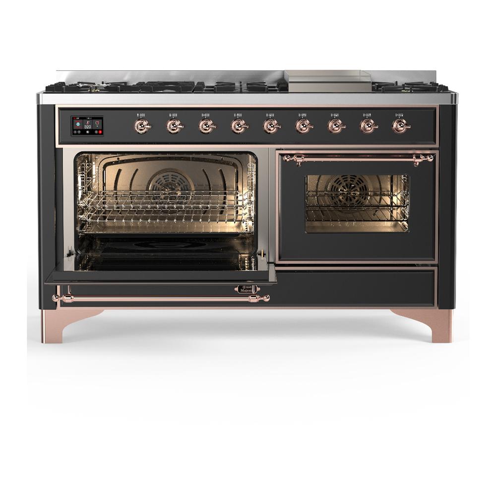 ILVE UM60FNR3MGPLP Majestic III 60 inch Dual Fuel Range with 9 Burners and Griddle, Dual Function Burner up to 25,000 BTU (Liquid Propane, Triple Glass Door, Graphite Matte, Copper)