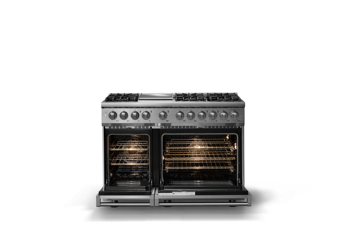 48"W. Dual Fuel Range (Burner: 6g, Finish: Stainless Steel, Trim: Polished Chrome, Fuel: Natural Gas)