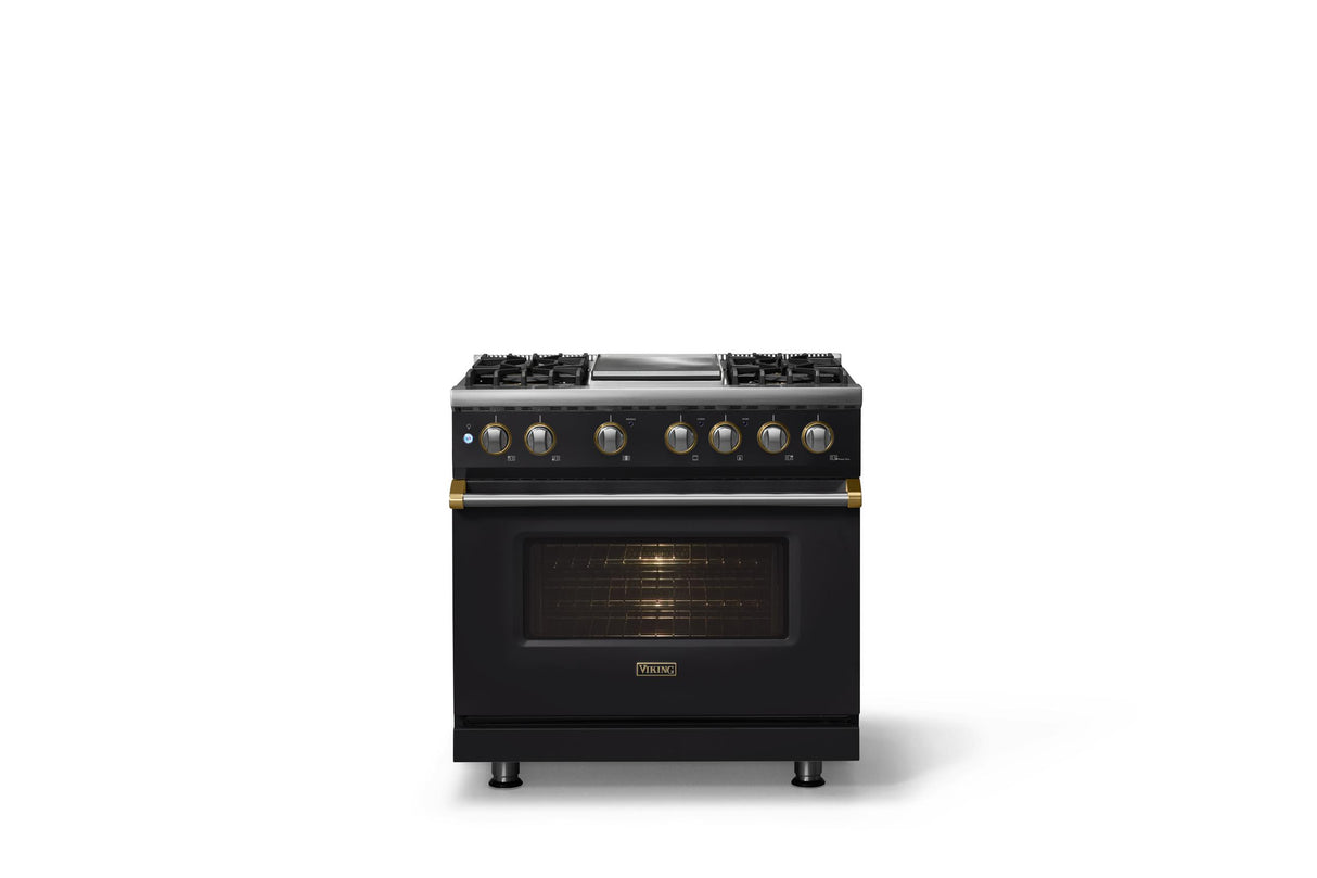 36"W. Dual Fuel Range (Burner: 4g, Finish: Onyx, Trim: Brushed Brass, Fuel: Propane)