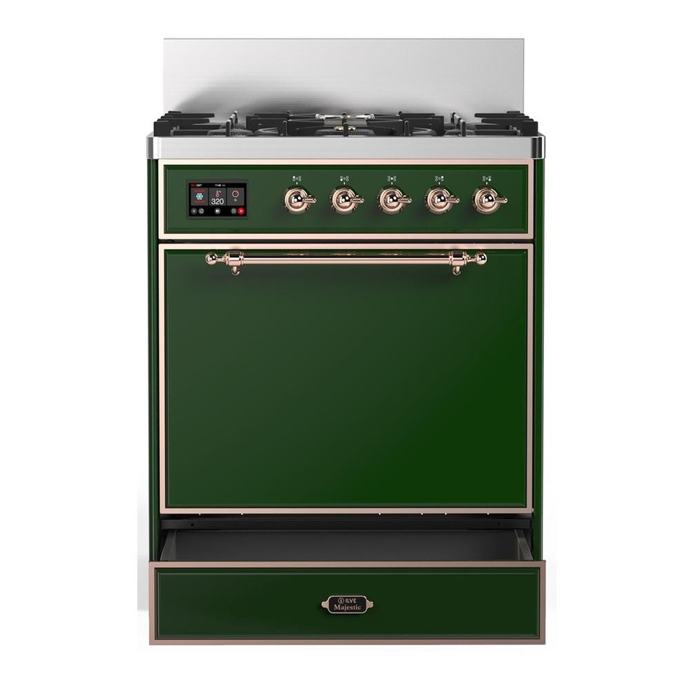 ILVE UM30QNR3EGP Majestic III 30 inch Dual Fuel Range with 5 Black Brass Burners, Dual Function Burner up to 25,000 BTU (Natural Gas, Solid Door, Emerald Green, Copper)