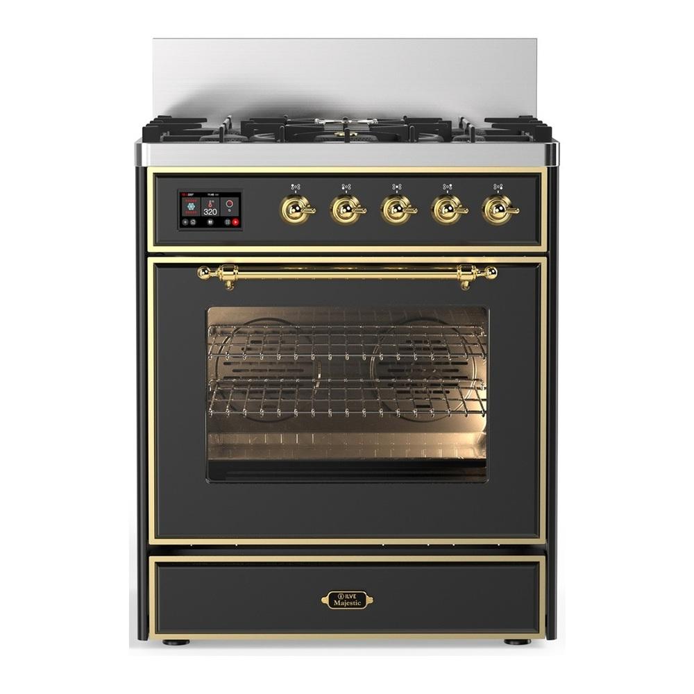 ILVE UM30NR3MGG Majestic III 30 inch Dual Fuel Range with 5 Black Brass Burners, Dual Function Burner up to 25,000 BTU (Natural Gas, Triple Glass Door, Graphite Matte, Brass)