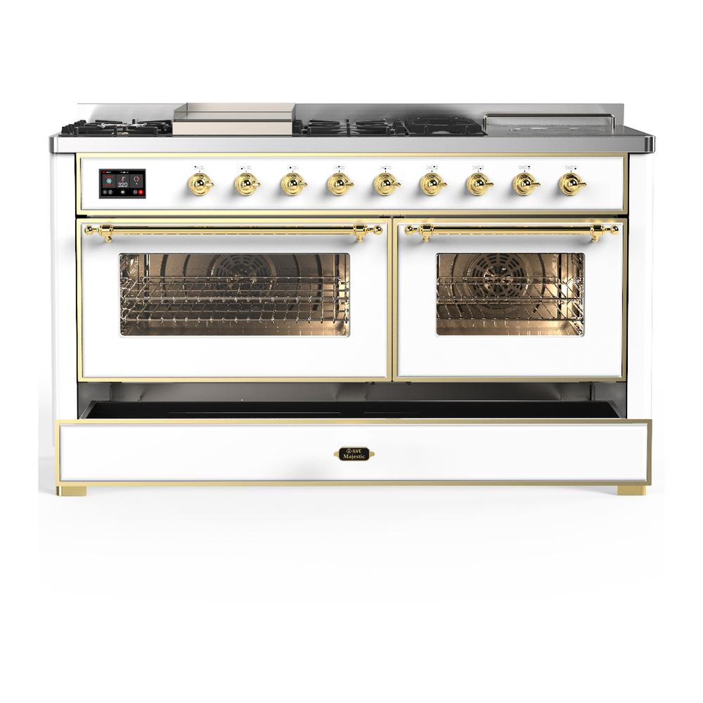 ILVE UM60FSNR3WHG Majestic III 60 inch Dual Fuel Range with 7 Burners, Griddle and French Top, Dual Function Burner with up to 25,000 BTU (Natural Gas, Triple Glass Door, White, Brass)