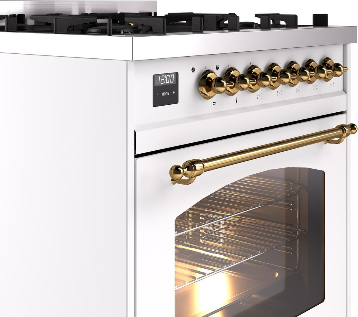 Nostalgie II 30 Inch Dual Fuel Liquid Propane Freestanding Range in White with Brass Trim