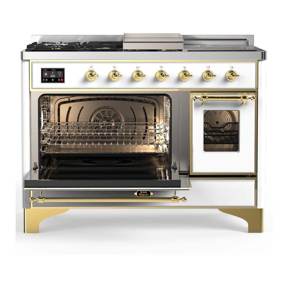 ILVE UM48FSNR3WHG Majestic III 48 inch Dual Fuel Range with 5 Black Brass Burners, Griddle and French Top, Dual Function Burner up to 25,000 BTU (Natural Gas, Triple Glass Door, White, Brass)
