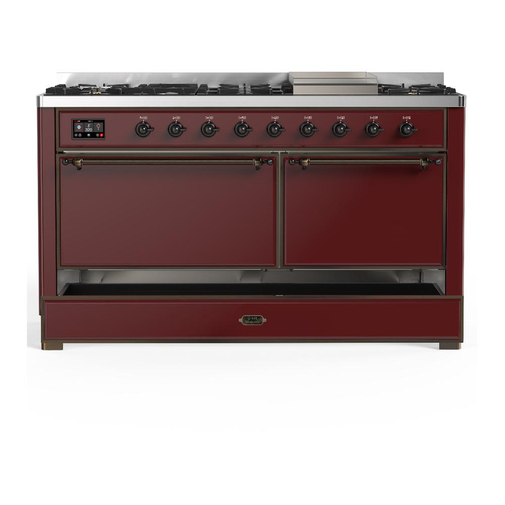 ILVE UM60FQNR3BUB Majestic III 60 inch Dual Fuel Range with 9 Burners and Griddle, Dual Function Burner up to 25,000 BTU (Natural Gas, Solid Door, Burgundy, Burnished)