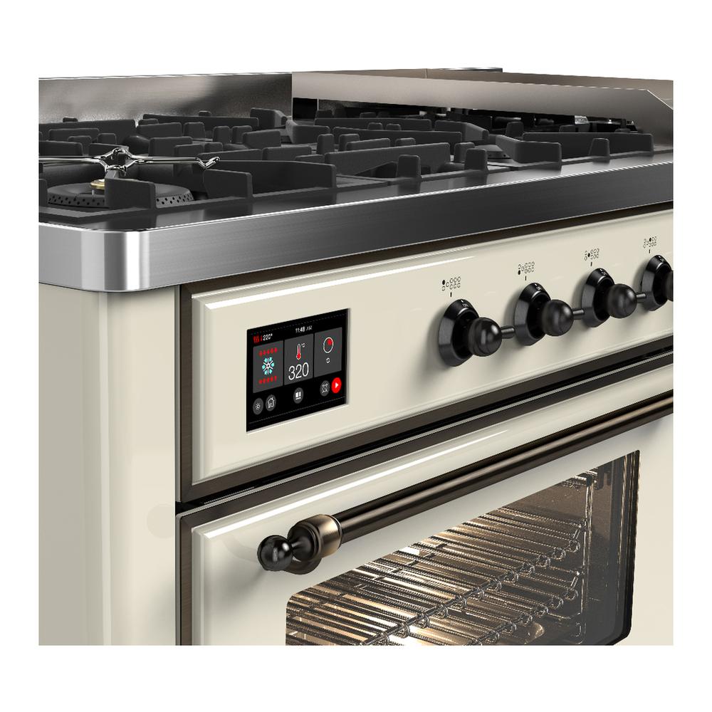 ILVE UM60FNR3AWB Majestic III 60 inch Dual Fuel Range with 9 Burners and Griddle, Dual Function Burner up to 25,000 BTU (Natural Gas, Triple Glass Door, Antique White, Burnished)