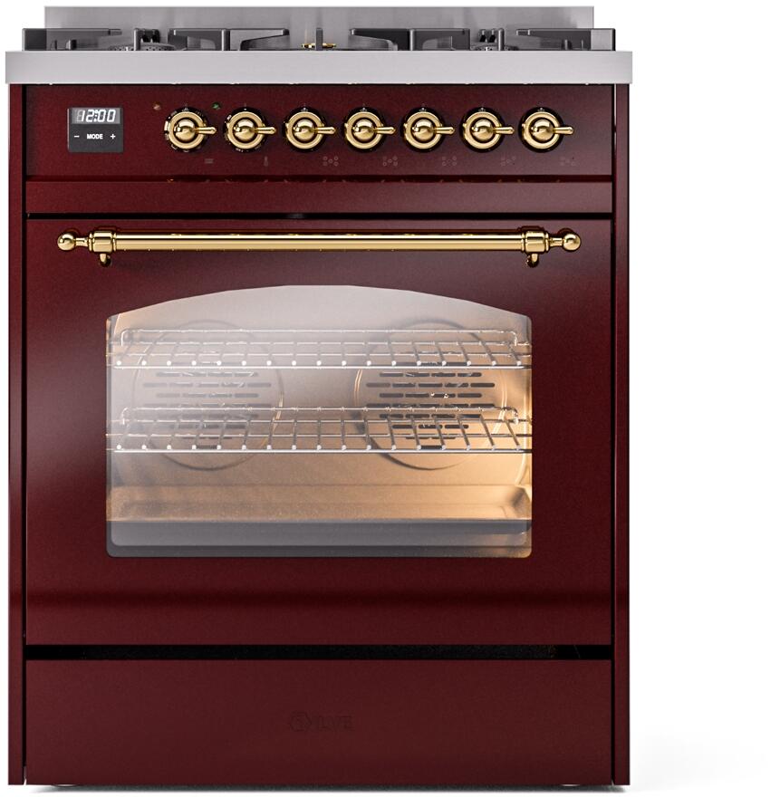 Nostalgie II 30 Inch Dual Fuel Natural Gas Freestanding Range in Burgundy with Brass Trim