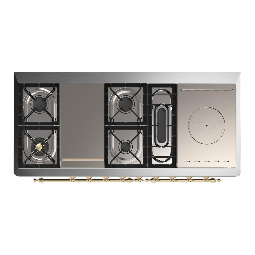 ILVE UM60FSNR3AWG Majestic III 60 inch Dual Fuel Range with 7 Burners, Griddle and French Top, Dual Function Burner with up to 25,000 BTU (Natural Gas, Triple Glass Door, Antique White, Brass)