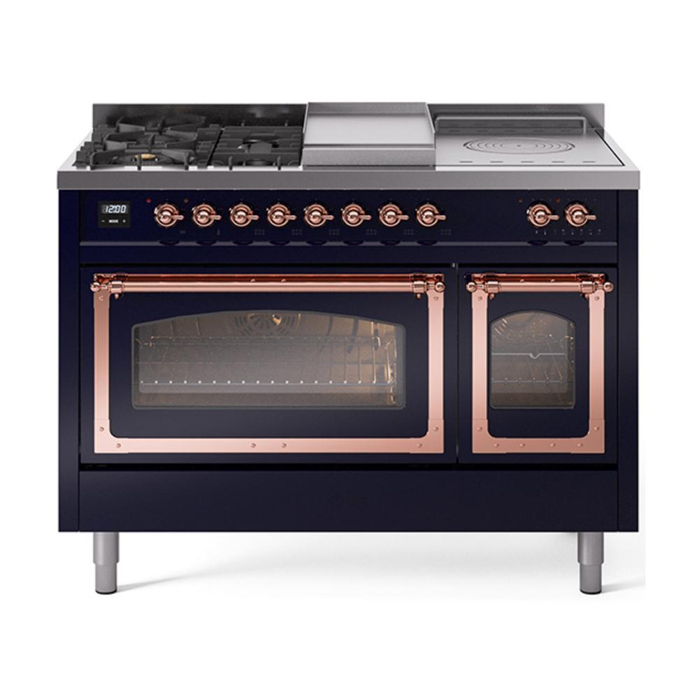 ILVE UN48FSNMPMBPLP Nostalgie II Noblesse 48 inch Dual Fuel Range (5 Sealed Burners + Griddle + French Top, Liquid Propane, Triple Glass Door, Midnight Blue, Copper)