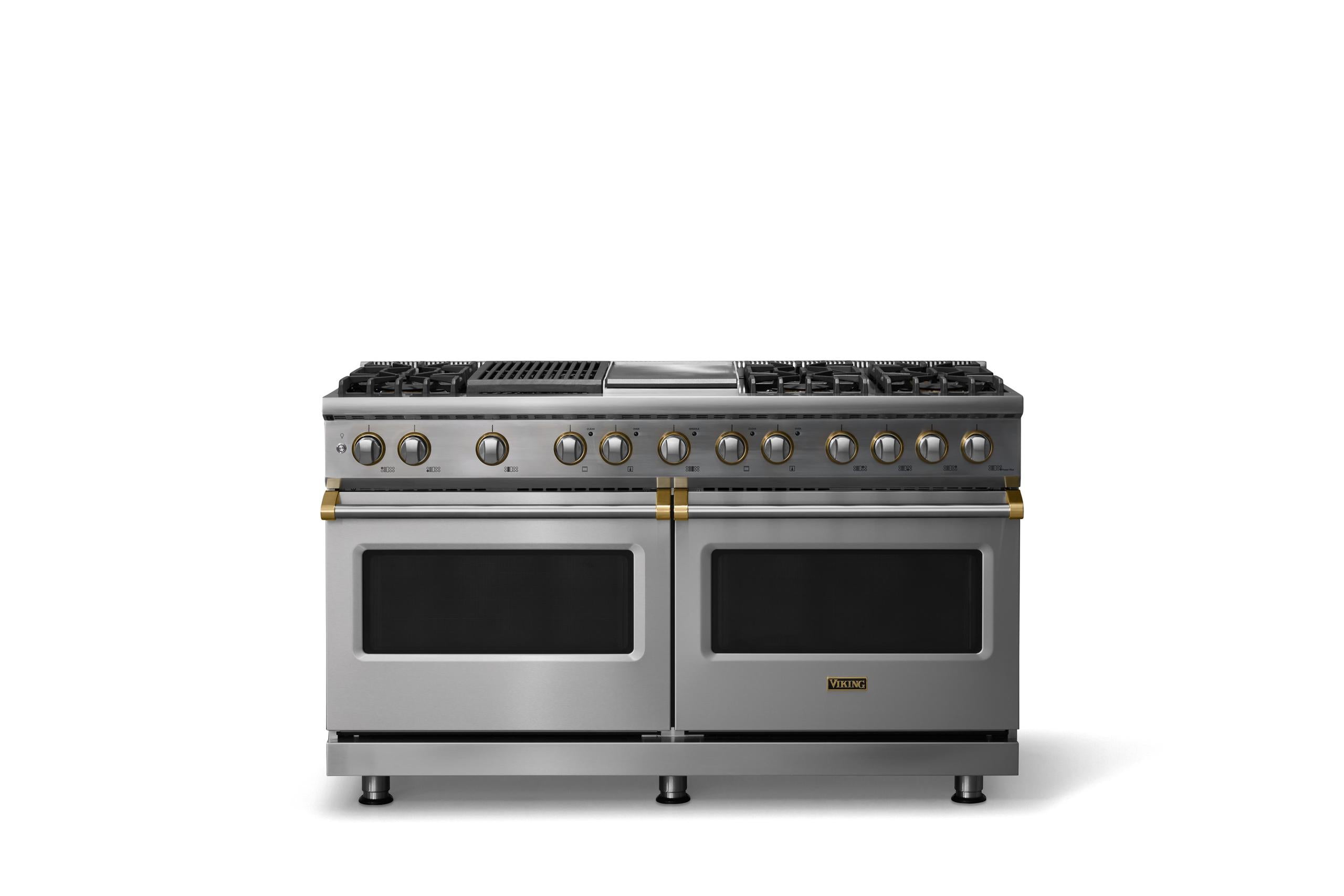 60"W.Dual Fuel Range (Finish: Stainless Steel, Trim: Brushed Brass, Fuel: Natural Gas)