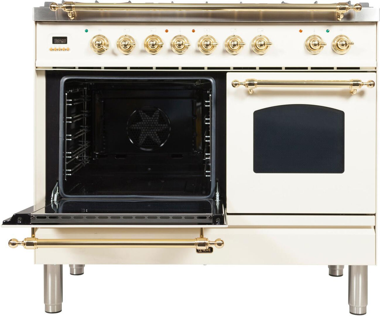 Nostalgie 40 Inch Dual Fuel Natural Gas Freestanding Range in Antique White with Brass Trim