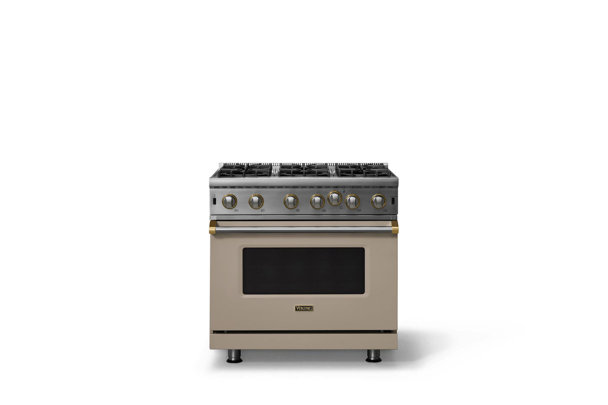 36"W. Open Burner Gas Range (Finish: Nantucket, Trim: Brushed Brass, Fuel: Propane)