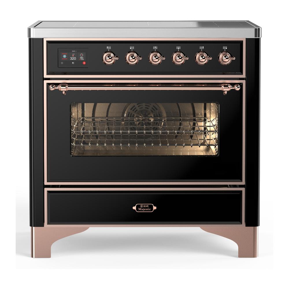 ILVE UMIB36NR3BKP Majestic III 36 inch Induction Range with 6 Elements, 3.5 cu. ft. Total Oven Capacity (Triple Glass Door, Glossy Black, Copper)