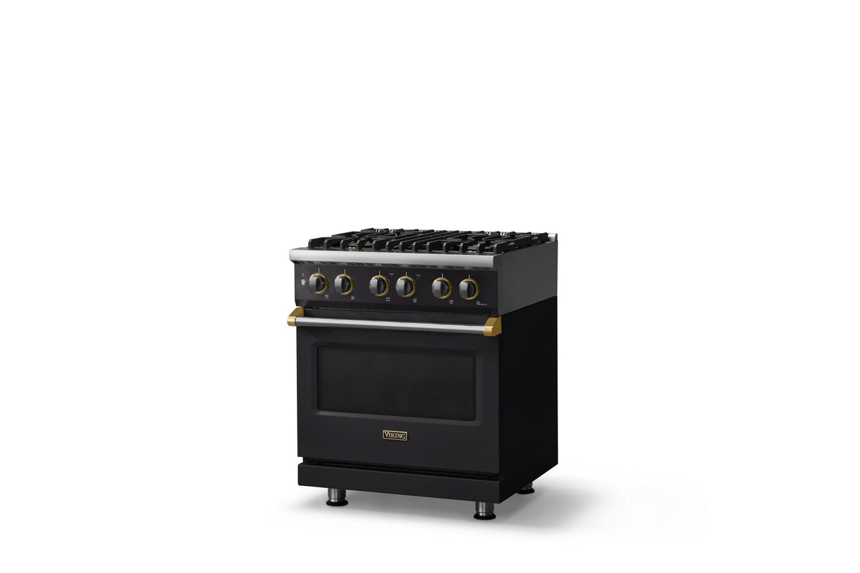 30"W. Dual Fuel Range (Finish: Onyx, Trim: Brushed Brass, Fuel: Natural Gas)