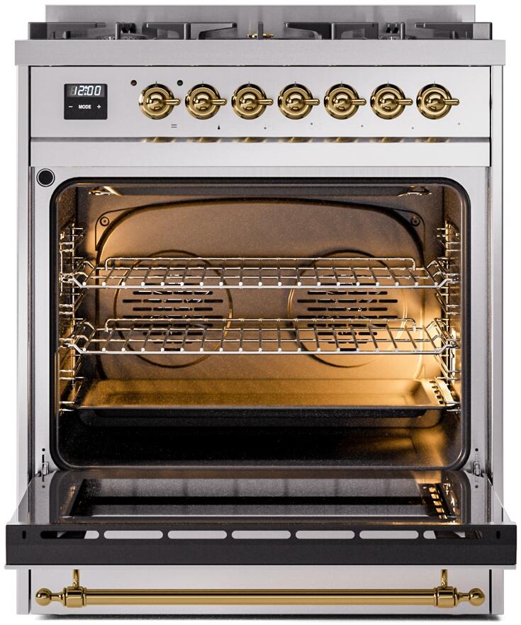 Nostalgie II 30 Inch Dual Fuel Liquid Propane Freestanding Range in Stainless Steel with Brass Trim