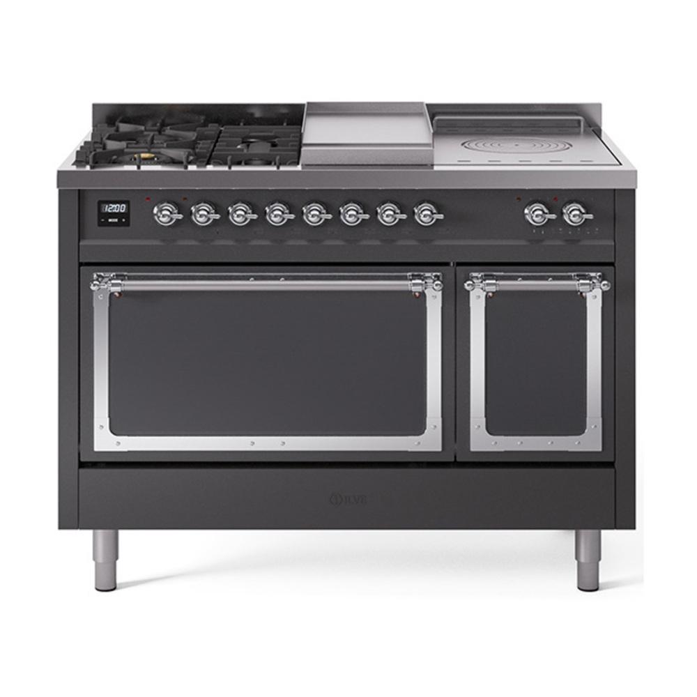 ILVE UN48FSQNMPMGCLP Nostalgie II Noblesse 48 inch Dual Fuel Range (5 Sealed Burners + Griddle + French Top, Liquid Propane, Solid Door, Graphite Matte, Chrome)