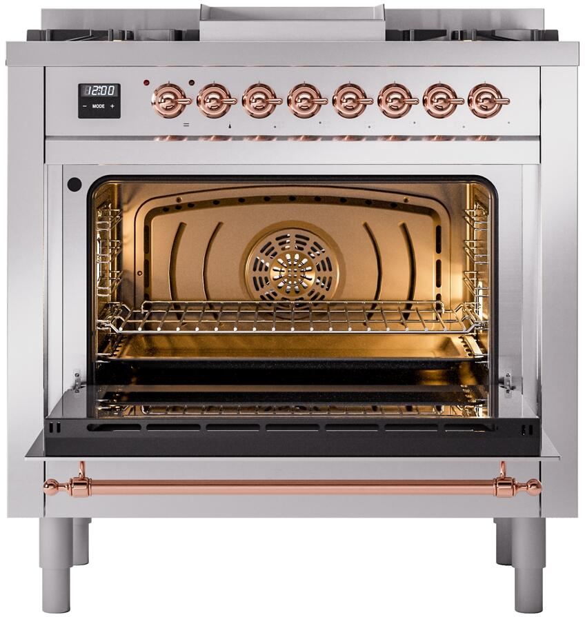 Nostalgie II 36 Inch Dual Fuel Natural Gas Freestanding Range in Stainless Steel with Copper Trim