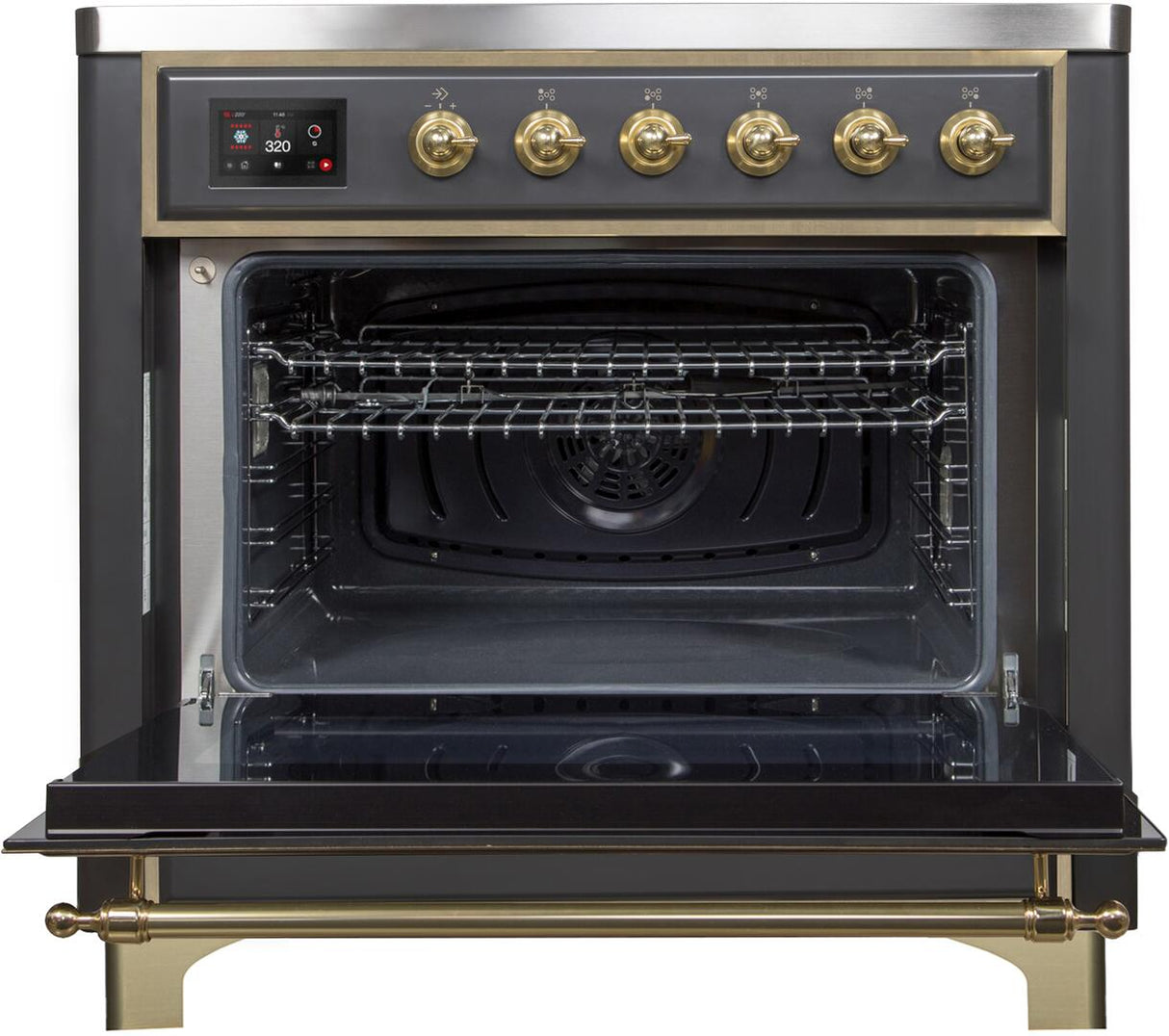 Majestic II 36 Inch Electric Freestanding Range in Matte Graphite with Brass Trim