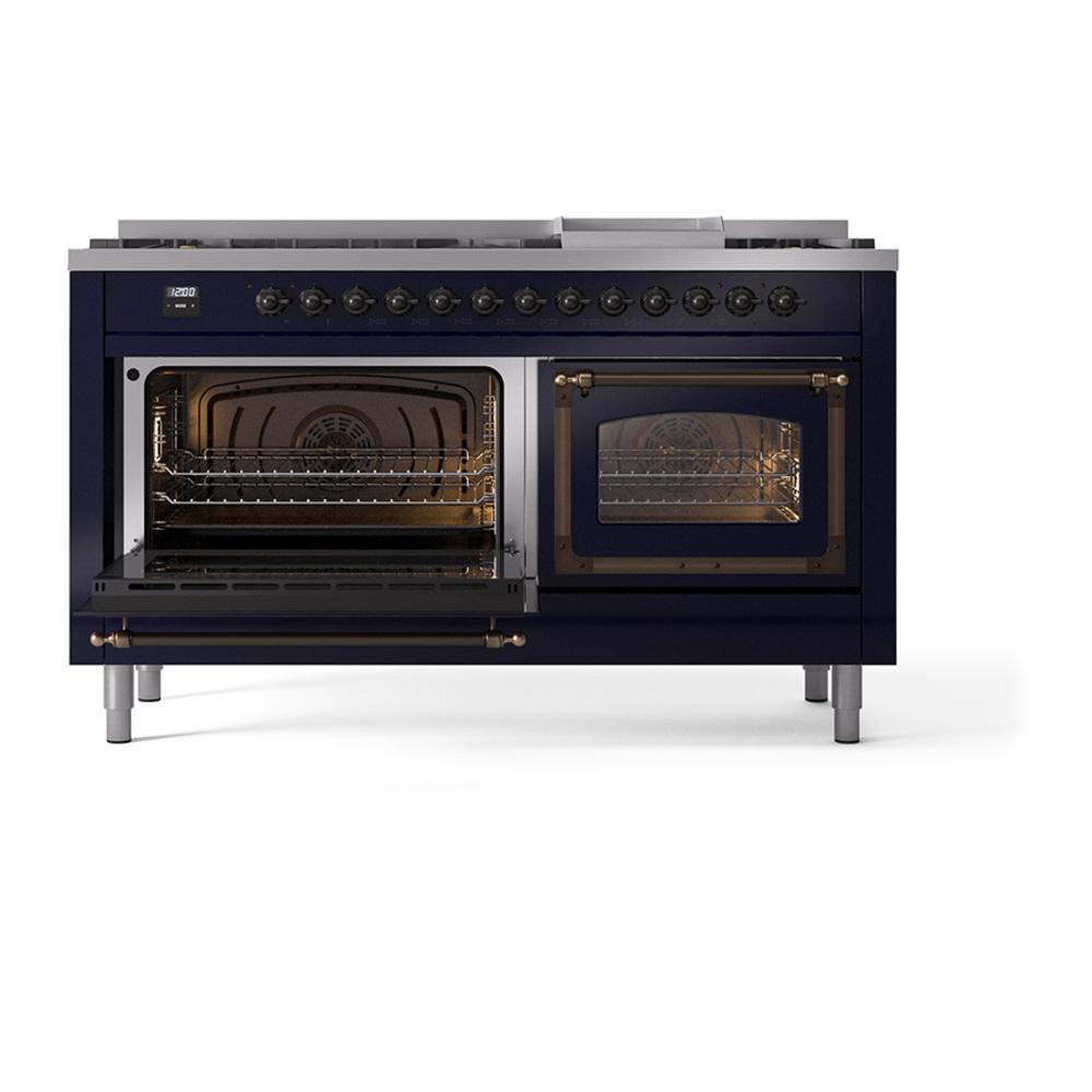 ILVE UN60FNMPMBBLP Nostalgie II Noblesse 60 inch Dual Fuel Range (9 Sealed Burners + Griddle, Liquid Propane, Triple Glass Door, Midnight Blue, Burnished)