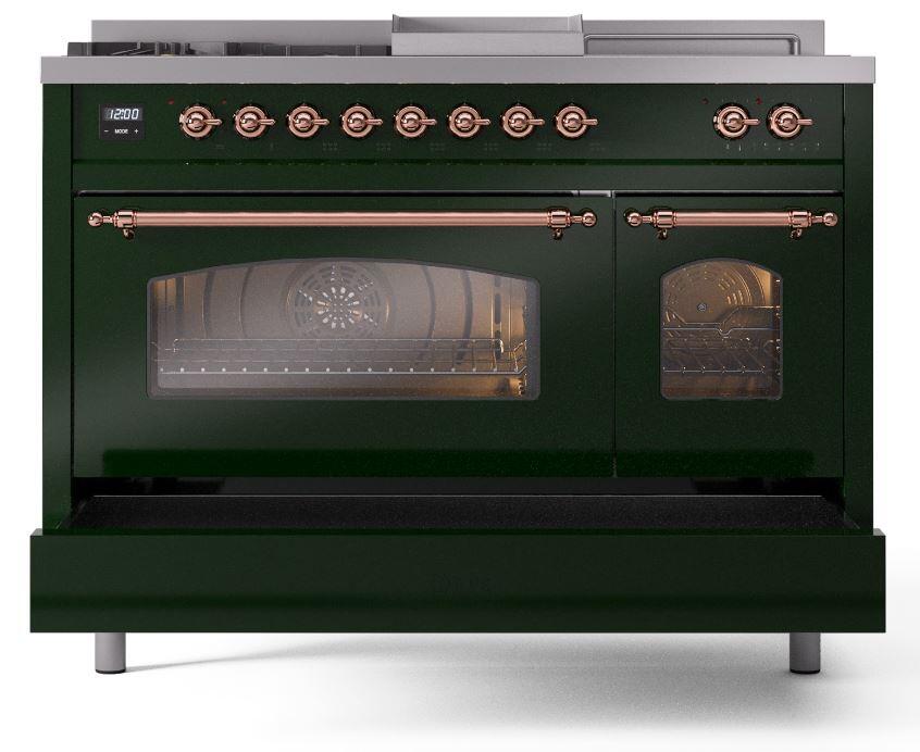 Nostalgie II 48 Inch Dual Fuel Natural Gas Freestanding Range in Emerald Green with Copper Trim