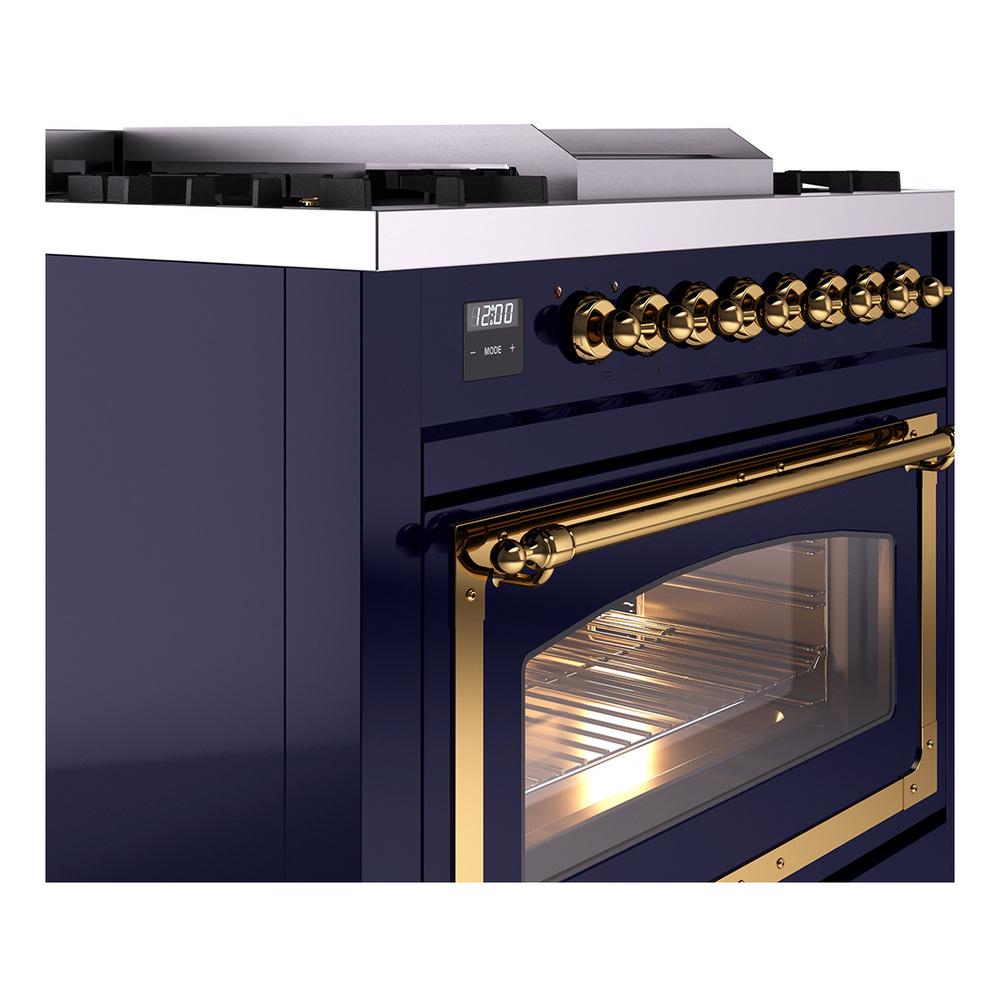 ILVE UN36FNMPMBGLP Nostalgie II Noblesse 36 inch Dual Fuel Range (Liquid Propane, Triple Glass Door, Midnight Blue, Brass)