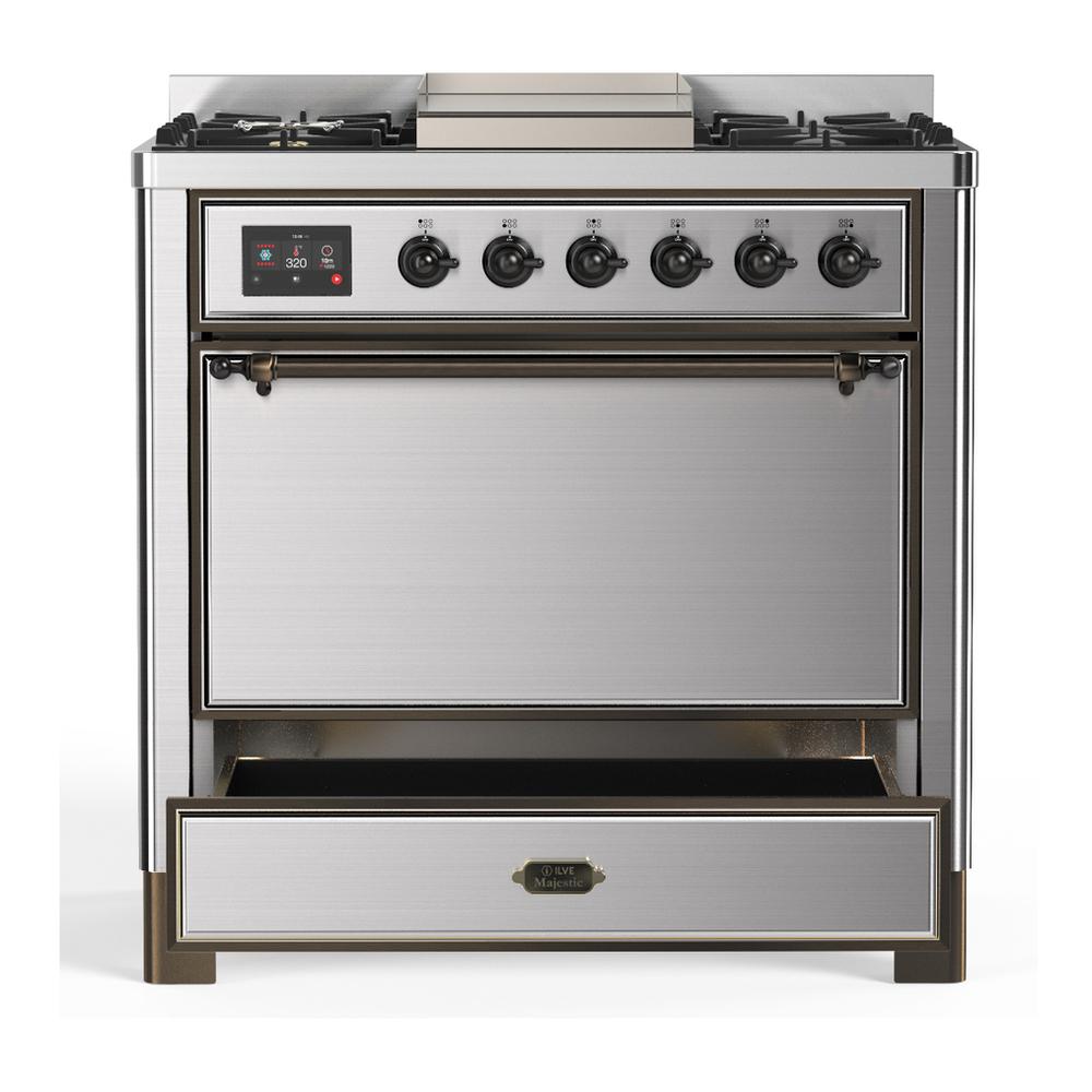 ILVE UM36FQNR3SSBLP Majestic III 36 inch Dual Fuel Range with 6 Black Brass Burners and Griddle, Dual Function Burner up to 25,000 BTU (Solid Door, Stainless Steel, Burnished, Liquid Propane)
