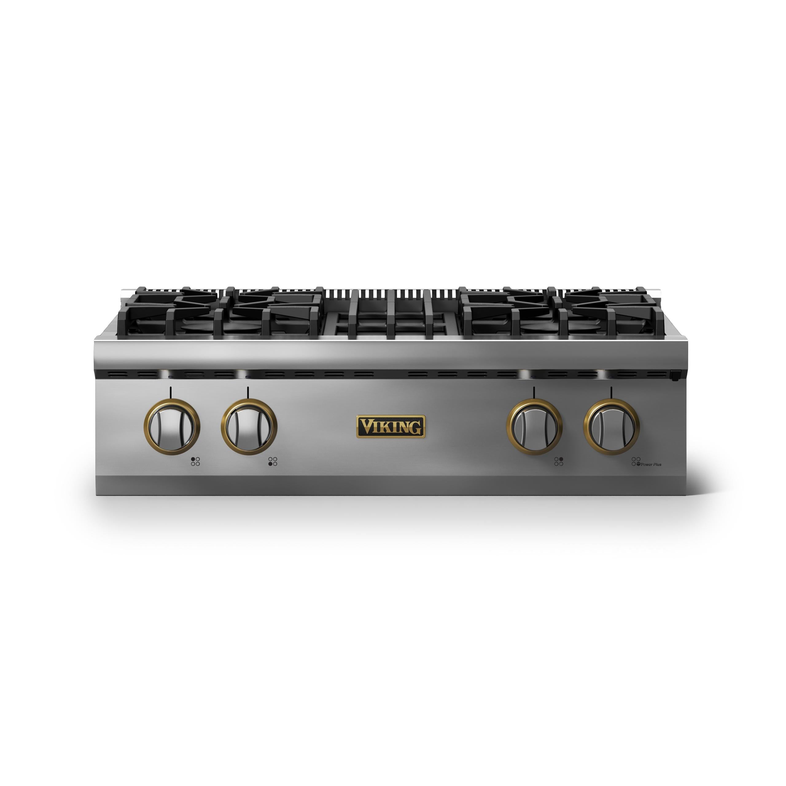 30"W. Gas Rangetop (Finish: Stainless Steel, Trim: Brushed Brass, Fuel: Natural Gas)